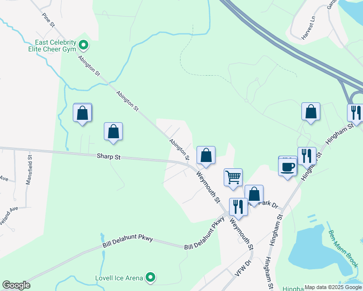 map of restaurants, bars, coffee shops, grocery stores, and more near 5 Abington Street in Hingham