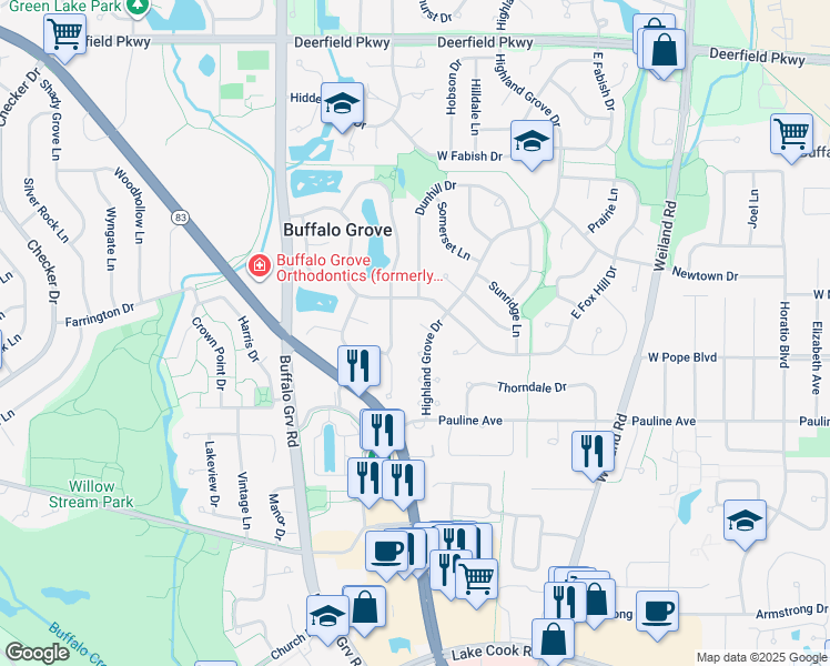 map of restaurants, bars, coffee shops, grocery stores, and more near 3 Highland Grove Court South in Buffalo Grove