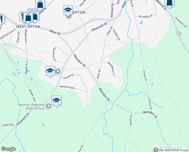 map of restaurants, bars, coffee shops, grocery stores, and more near 53 Plain Street in Upton
