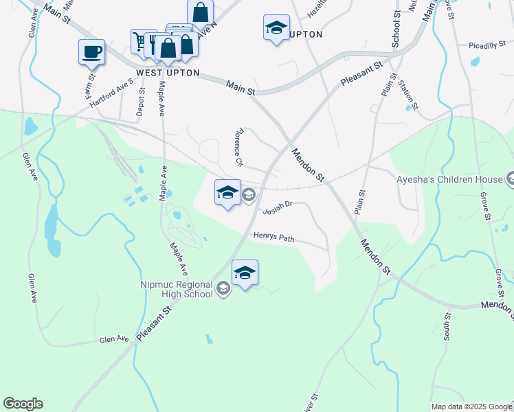 map of restaurants, bars, coffee shops, grocery stores, and more near 65 Pleasant Street in Upton