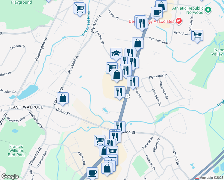 map of restaurants, bars, coffee shops, grocery stores, and more near 1415 Boston Providence Highway in Norwood