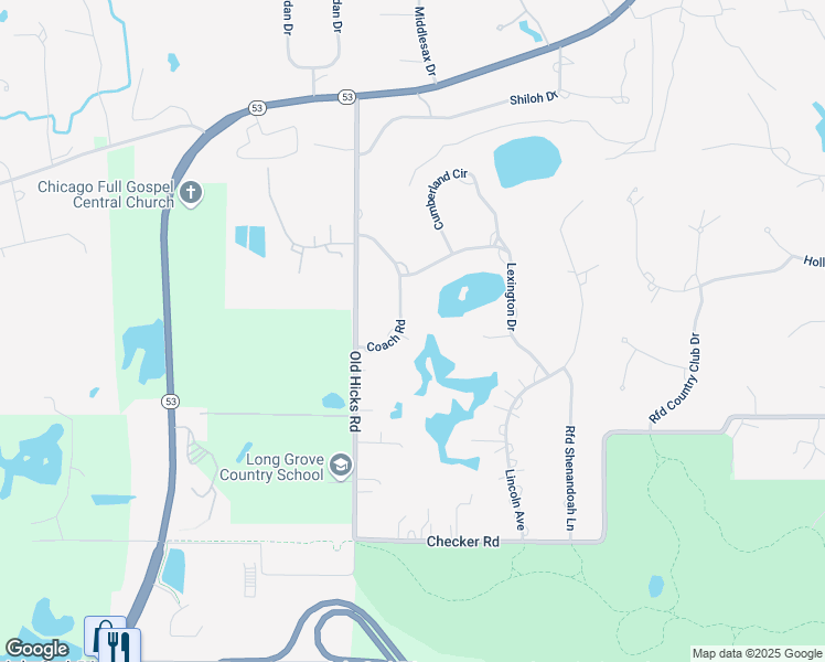 map of restaurants, bars, coffee shops, grocery stores, and more near 2323 Coach Road in Long Grove