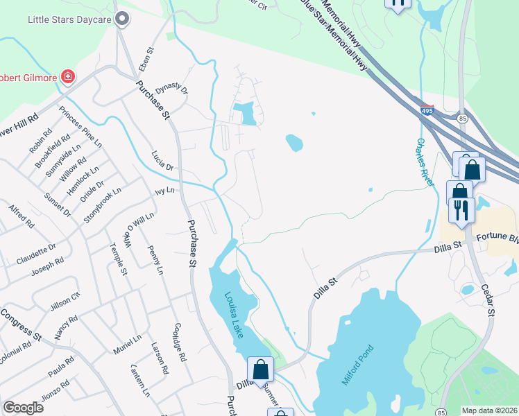 map of restaurants, bars, coffee shops, grocery stores, and more near 14 Shadowbrook Lane in Milford