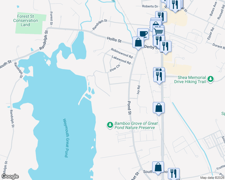 map of restaurants, bars, coffee shops, grocery stores, and more near 56 Great Pond Road in Weymouth