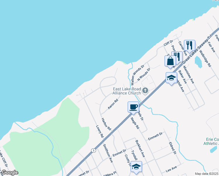 map of restaurants, bars, coffee shops, grocery stores, and more near 4331 E South Shore Dr N in Erie