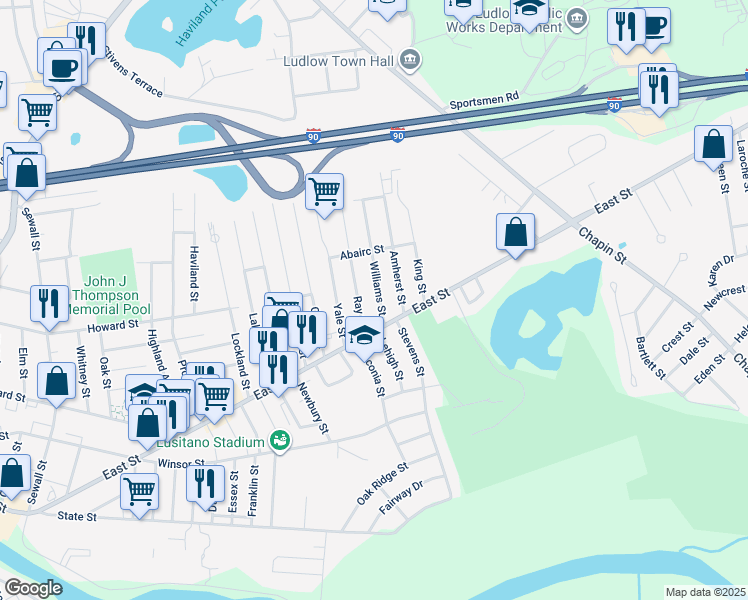 map of restaurants, bars, coffee shops, grocery stores, and more near 25 Williams Street in Ludlow