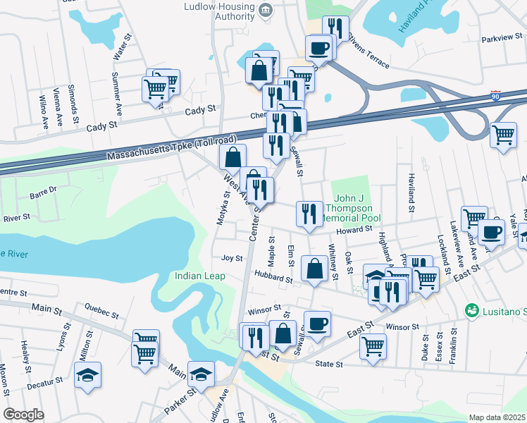 map of restaurants, bars, coffee shops, grocery stores, and more near 12 Center Street in Ludlow