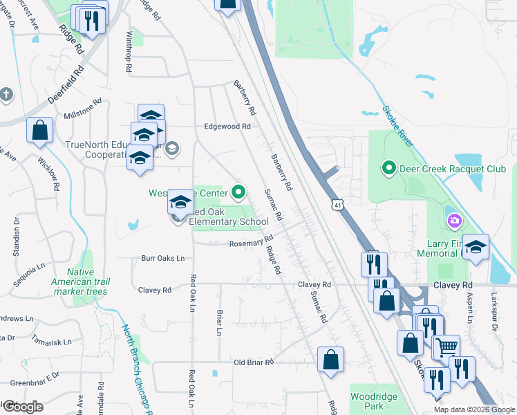 map of restaurants, bars, coffee shops, grocery stores, and more near 583 Ridge Road in Highland Park