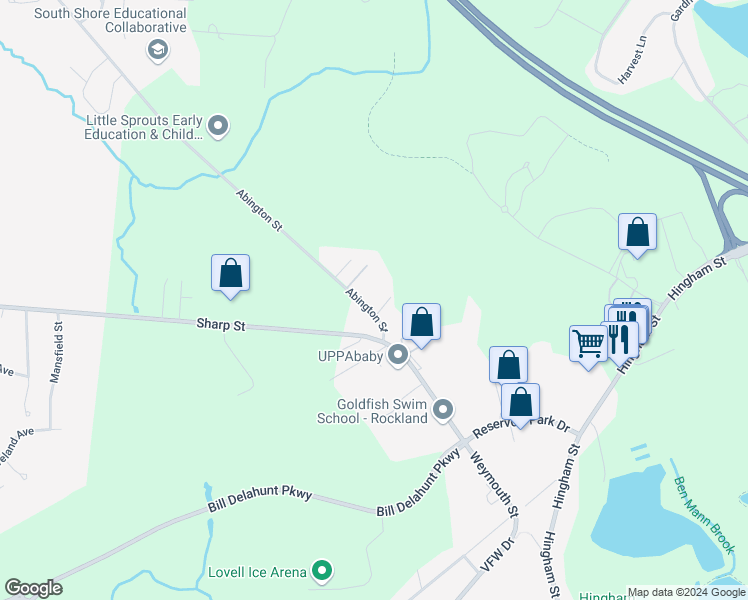 map of restaurants, bars, coffee shops, grocery stores, and more near 5 Abington Street in Hingham