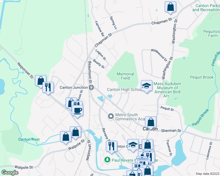 map of restaurants, bars, coffee shops, grocery stores, and more near 601 Sherman Street in Canton