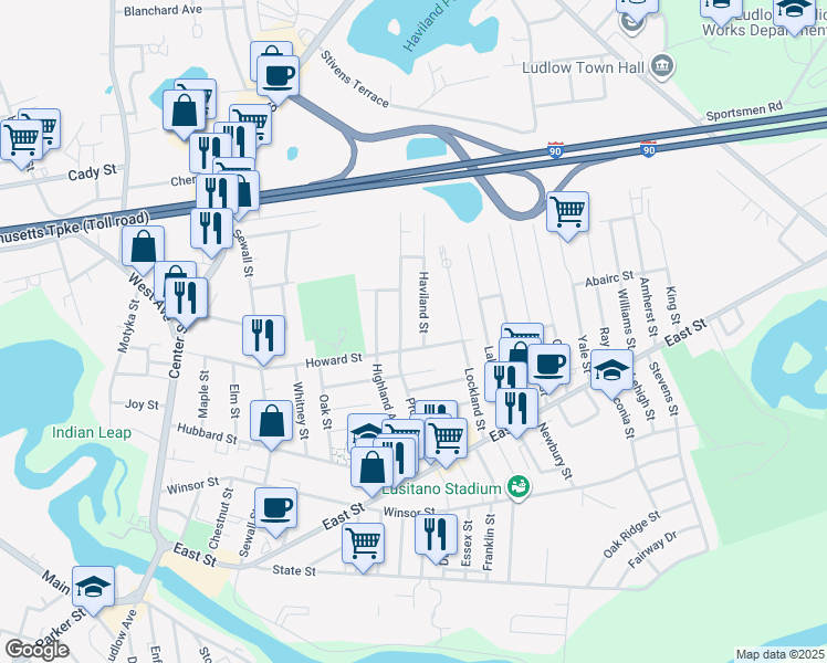 map of restaurants, bars, coffee shops, grocery stores, and more near 1 Haviland Street in Ludlow