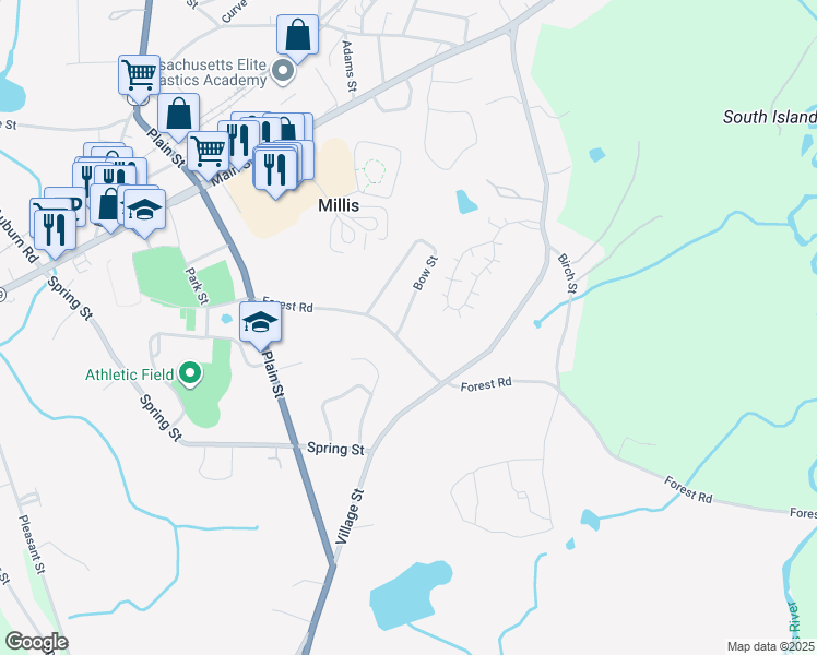 map of restaurants, bars, coffee shops, grocery stores, and more near 54 Bow Street in Millis