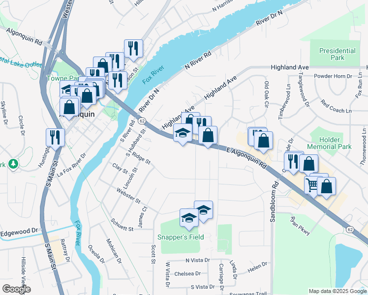 map of restaurants, bars, coffee shops, grocery stores, and more near 119 South Hubbard Street in Algonquin