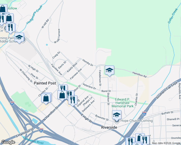 map of restaurants, bars, coffee shops, grocery stores, and more near 453 North Hamilton Street in Painted Post