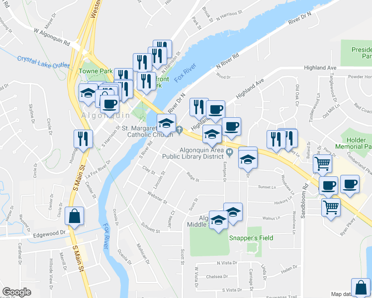 map of restaurants, bars, coffee shops, grocery stores, and more near 119 S Hubbard St in Algonquin