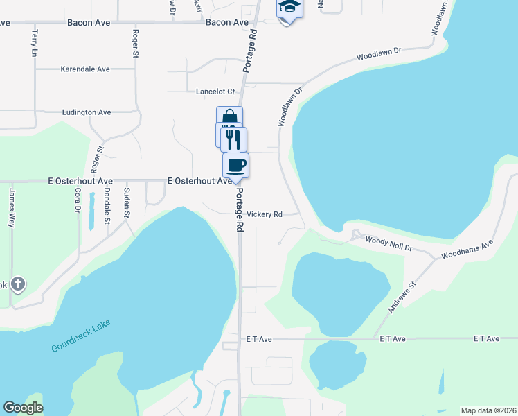 map of restaurants, bars, coffee shops, grocery stores, and more near 10545 Portage Road in Portage