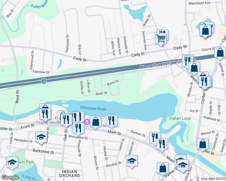 map of restaurants, bars, coffee shops, grocery stores, and more near 25 Sunset Drive in Ludlow