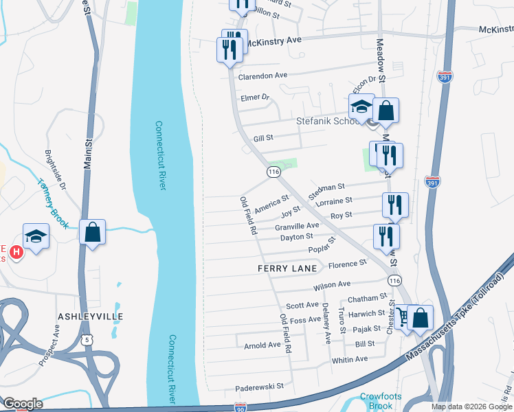 map of restaurants, bars, coffee shops, grocery stores, and more near 62 America Street in Chicopee