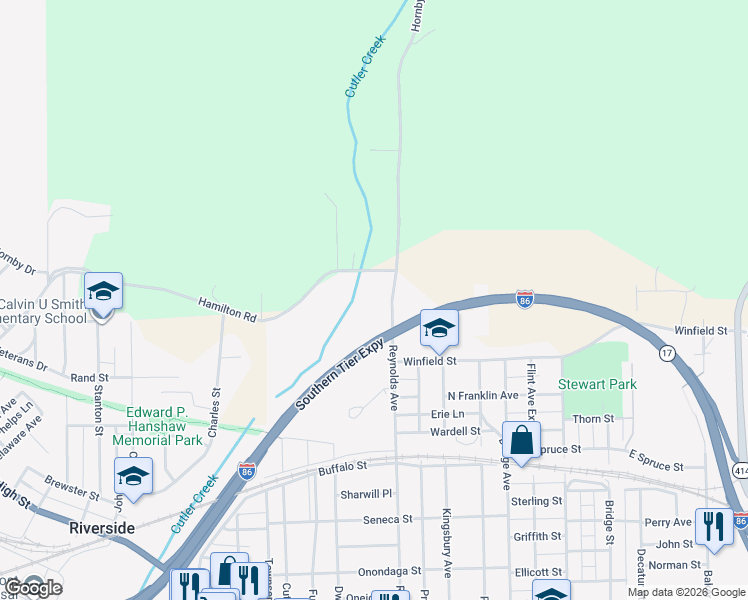 map of restaurants, bars, coffee shops, grocery stores, and more near 425 Reynolds Avenue in Corning