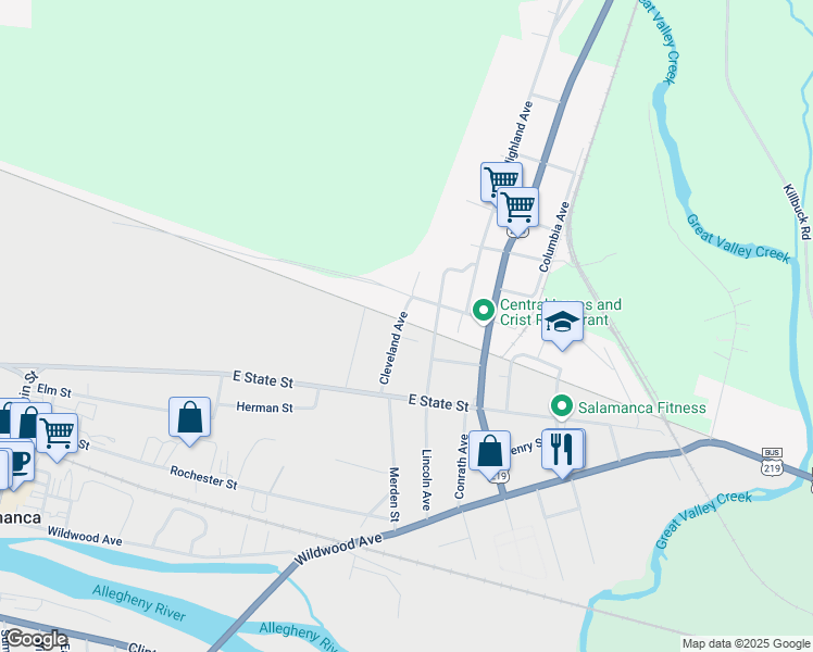 map of restaurants, bars, coffee shops, grocery stores, and more near 76 Cleveland Ave in Salamanca