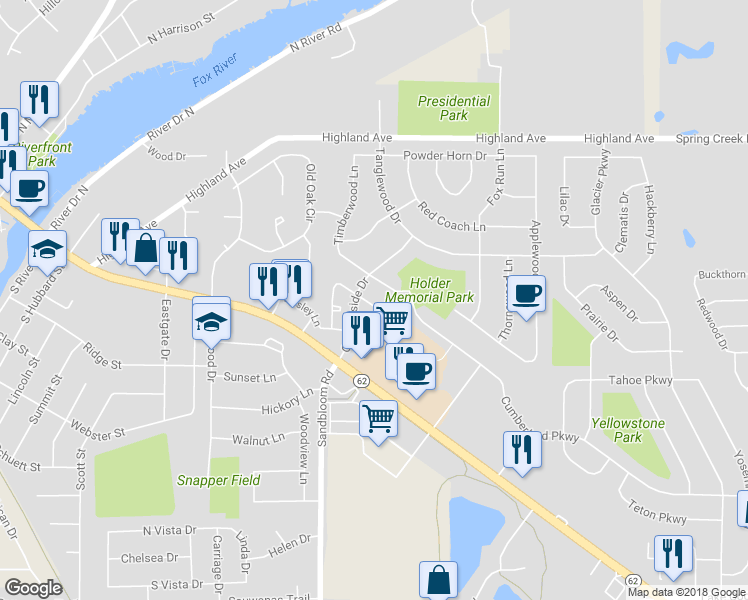 map of restaurants, bars, coffee shops, grocery stores, and more near 1040 Perry Dr in Algonquin