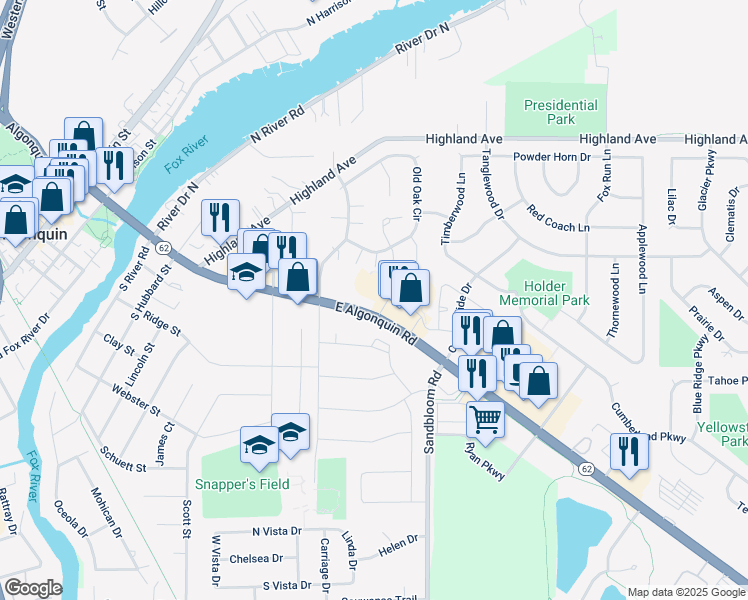 map of restaurants, bars, coffee shops, grocery stores, and more near 1208 East Algonquin Road in Algonquin