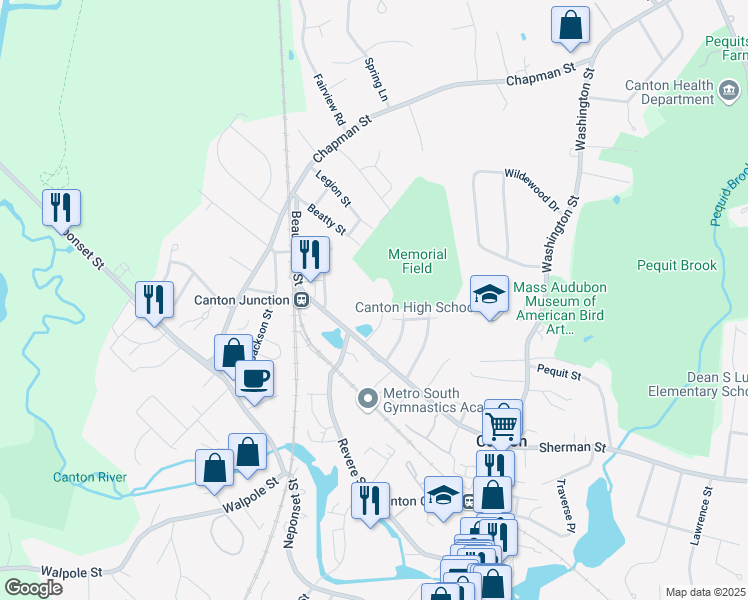 map of restaurants, bars, coffee shops, grocery stores, and more near 601 Sherman Street in Canton