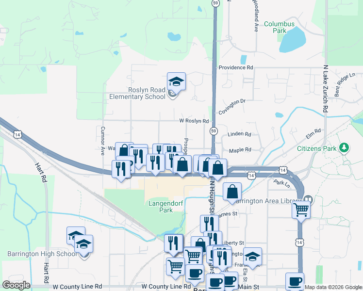 map of restaurants, bars, coffee shops, grocery stores, and more near 704 Prospect Avenue in Barrington