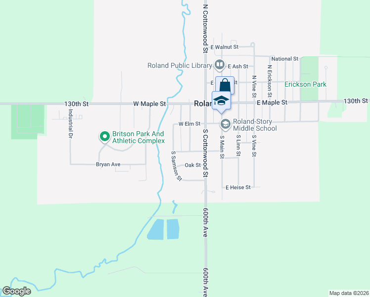 map of restaurants, bars, coffee shops, grocery stores, and more near 216 West Locust Street in Roland