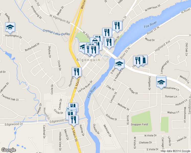 map of restaurants, bars, coffee shops, grocery stores, and more near 405 La Fox River Dr in Algonquin