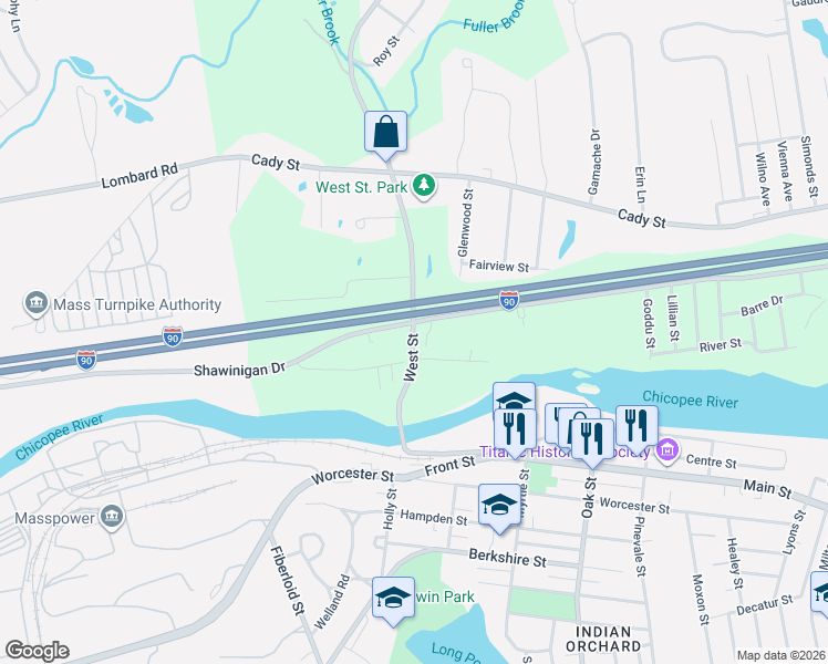 map of restaurants, bars, coffee shops, grocery stores, and more near 40 West Street in Ludlow