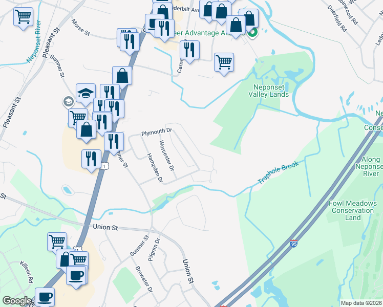 map of restaurants, bars, coffee shops, grocery stores, and more near 134 Plymouth Drive in Norwood