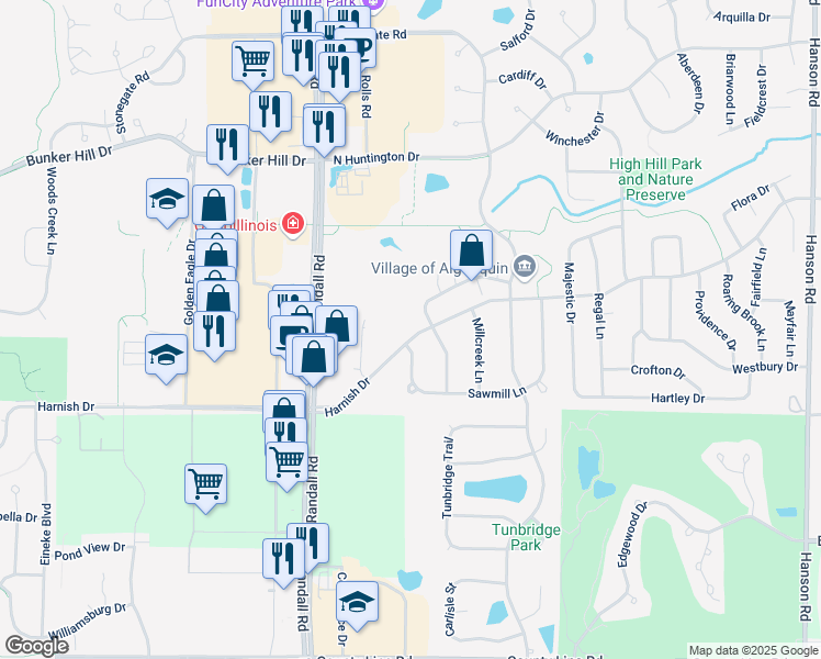 map of restaurants, bars, coffee shops, grocery stores, and more near 2414 Dawson Lane in Algonquin