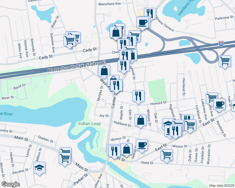map of restaurants, bars, coffee shops, grocery stores, and more near 12 Center Street in Ludlow