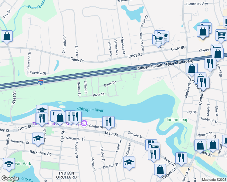 map of restaurants, bars, coffee shops, grocery stores, and more near 25 Sunset Drive in Ludlow