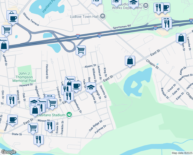 map of restaurants, bars, coffee shops, grocery stores, and more near 25 Williams Street in Ludlow