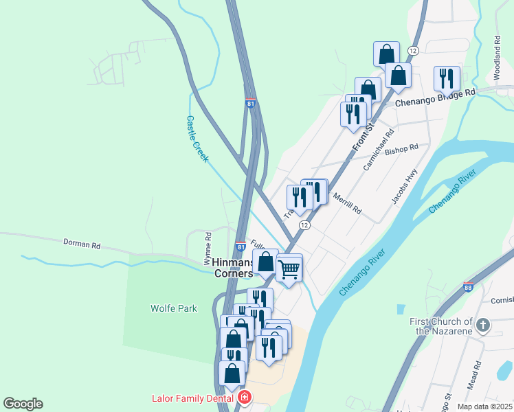 map of restaurants, bars, coffee shops, grocery stores, and more near 101 Castle Creek Road in Binghamton