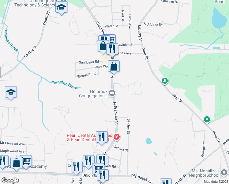 map of restaurants, bars, coffee shops, grocery stores, and more near 326 North Franklin Street in Holbrook