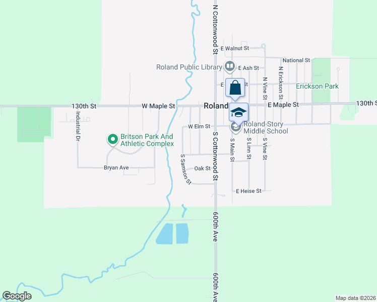 map of restaurants, bars, coffee shops, grocery stores, and more near 216 West Locust Street in Roland