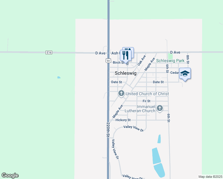 map of restaurants, bars, coffee shops, grocery stores, and more near 14 Elm Street in Schleswig