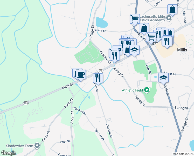 map of restaurants, bars, coffee shops, grocery stores, and more near 1064 Main Street in Millis