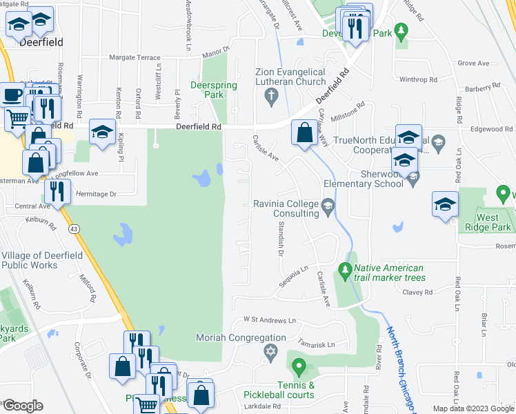 map of restaurants, bars, coffee shops, grocery stores, and more near 565 Brierhill Road in Deerfield