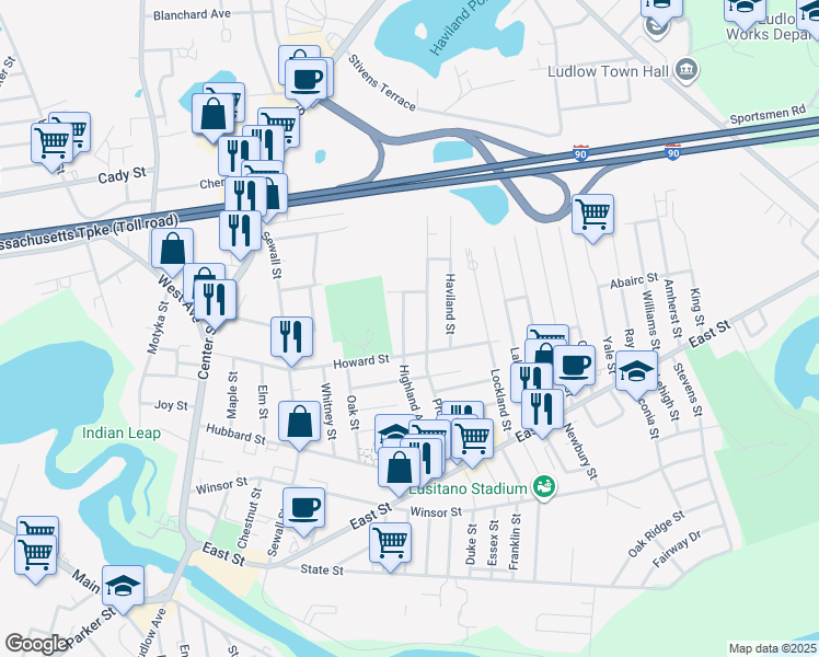 map of restaurants, bars, coffee shops, grocery stores, and more near 162 Highland Avenue in Ludlow