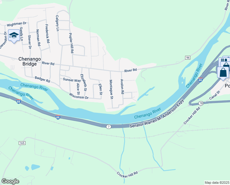 map of restaurants, bars, coffee shops, grocery stores, and more near 25 Montague Street in Binghamton