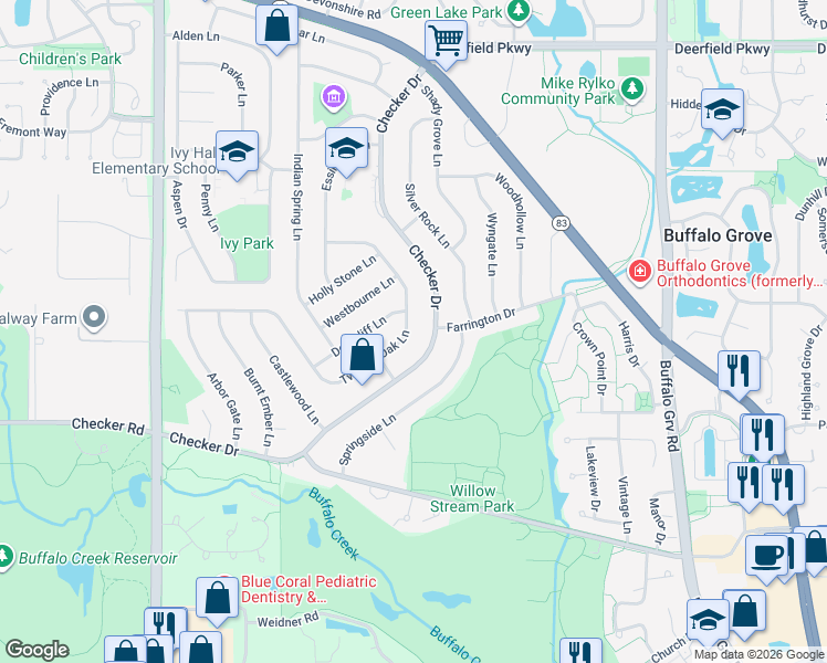 map of restaurants, bars, coffee shops, grocery stores, and more near 790 Twisted Oak Lane in Buffalo Grove