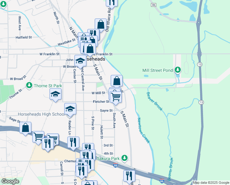 map of restaurants, bars, coffee shops, grocery stores, and more near 100-132 East Mill Street in Horseheads