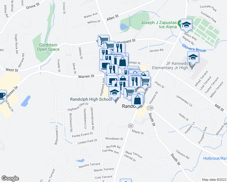 map of restaurants, bars, coffee shops, grocery stores, and more near 57-199 Memorial Pkwy in Randolph