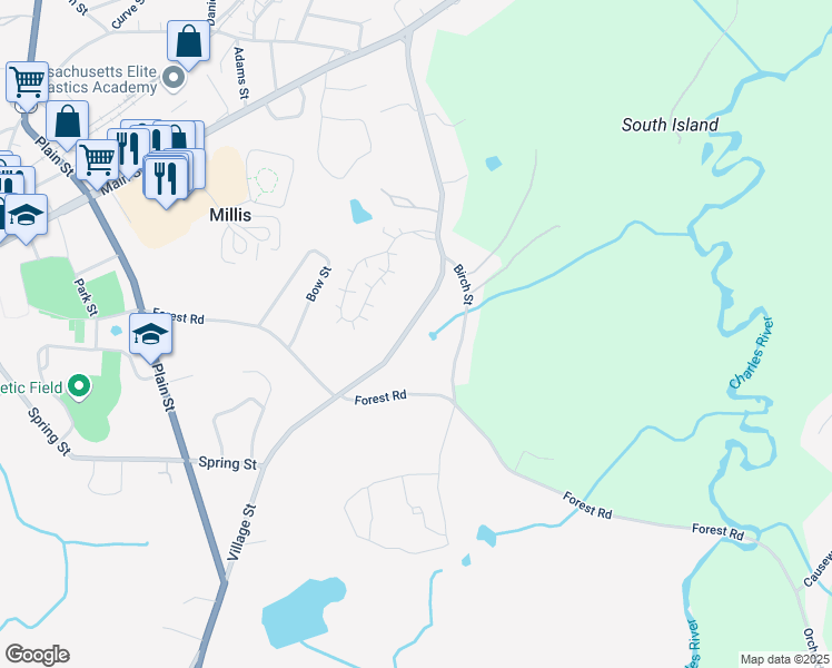 map of restaurants, bars, coffee shops, grocery stores, and more near 88 Village Street in Millis