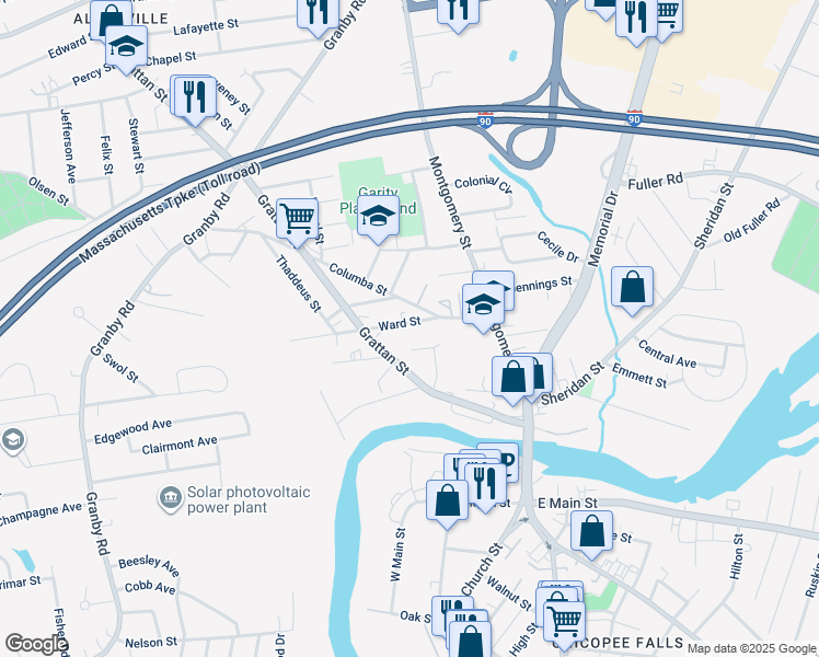 map of restaurants, bars, coffee shops, grocery stores, and more near 37 Ward Street in Chicopee
