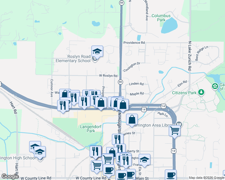 map of restaurants, bars, coffee shops, grocery stores, and more near 522 Sunny Lane in Barrington